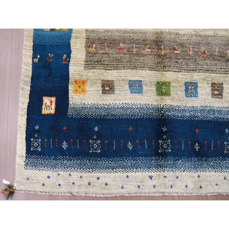 ギャッベ 手織りラグ イラン産絨毯 208x154cm ナチュラル　ブルーボーダー | ブランド登録なし | 03
