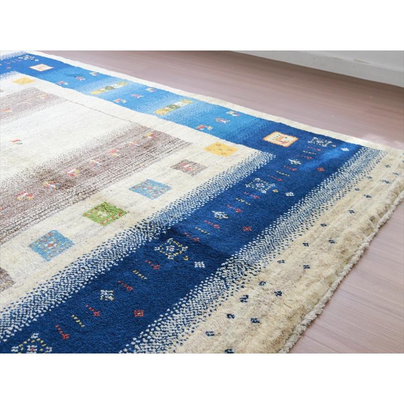 ギャッベ 手織りラグ イラン産絨毯 208x154cm ナチュラル　ブルーボーダー | ブランド登録なし | 06