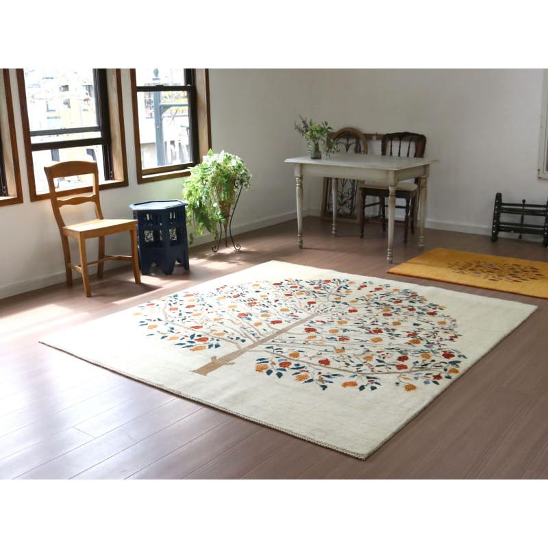 ギャッベ バナフシェ 細かな織り 198x193cm アイボリー　正方形ラグ　ザクロの樹 | ブランド登録なし | 01