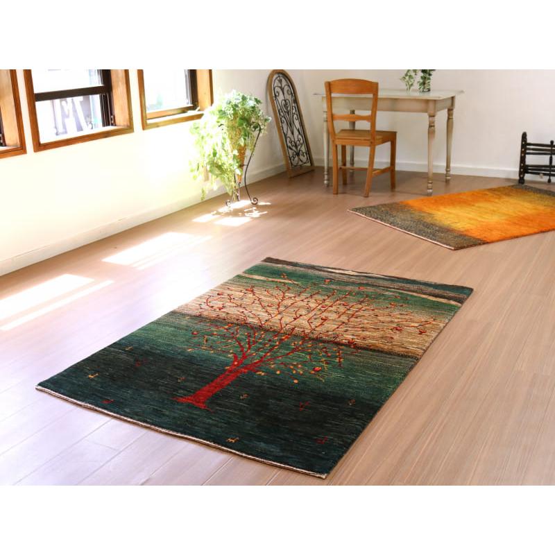 ギャッベ ノウバフト 細かく緻密な織り 162x110cm 生命の木のある風景　グリーン　イラン産手織りラグ | ブランド登録なし | 01
