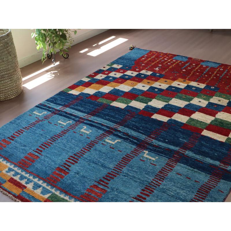 ギャッベ　カシュカイ族の手織りラグ　アマレバフ 212x146cm ブルー　カラフルタイル　 | ブランド登録なし | 05