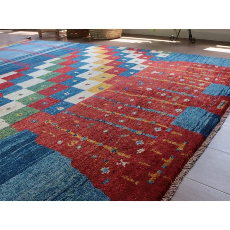 ギャッベ　カシュカイ族の手織りラグ　アマレバフ 212x146cm ブルー　カラフルタイル　 | ブランド登録なし | 07