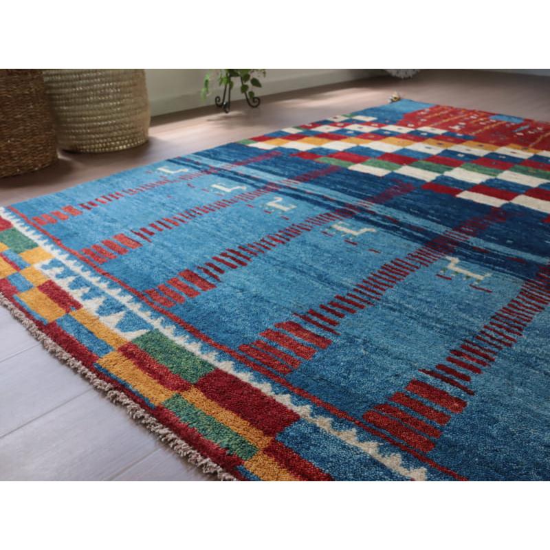 ギャッベ カシュカイ族の手織りラグ アマレバフ 212x146cm ブルー