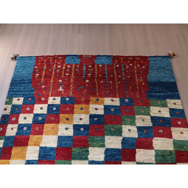 ギャッベ　カシュカイ族の手織りラグ　アマレバフ 212x146cm ブルー　カラフルタイル　 | ブランド登録なし | 09