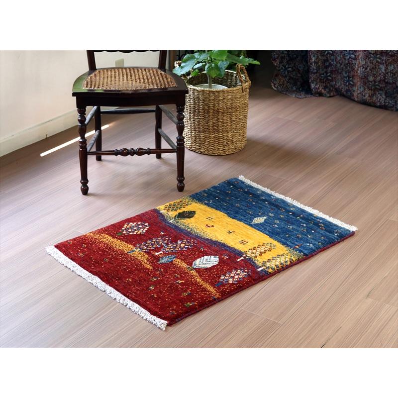 ギャッベ リズバフト 玄関マット  93x62cm ブルー イエロー レッド ザクロス山麓の風景 | ブランド登録なし | 01