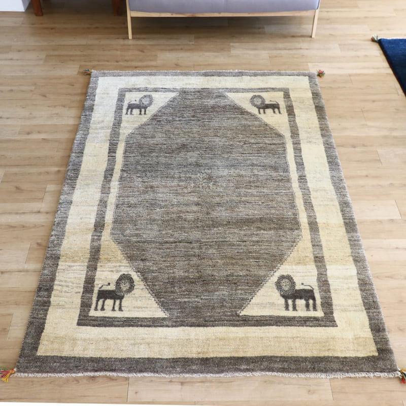 ギャッベ　イラン産手織りラグ　ふかふか 245x178cm モノトーン　グレーの六角メダリオン　ライオン | ブランド登録なし