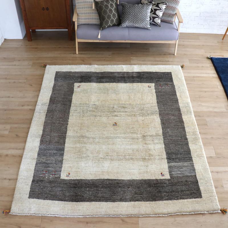 ギャッベ　イラン産手織りラグ　ふかふか 243x207cm ナチュラルアイボリー　グレーのボーダー | ブランド登録なし