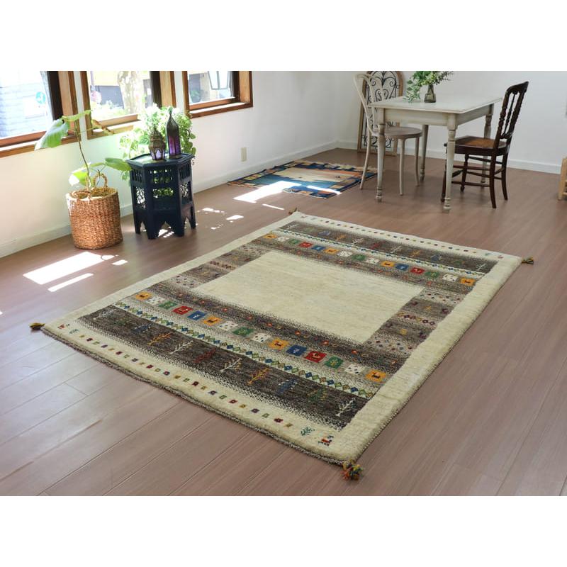 ギャッベ　イラン製　カシュガイ族手織り 203x158cm ナチュラルアイボリー　グレー | ブランド登録なし | 01