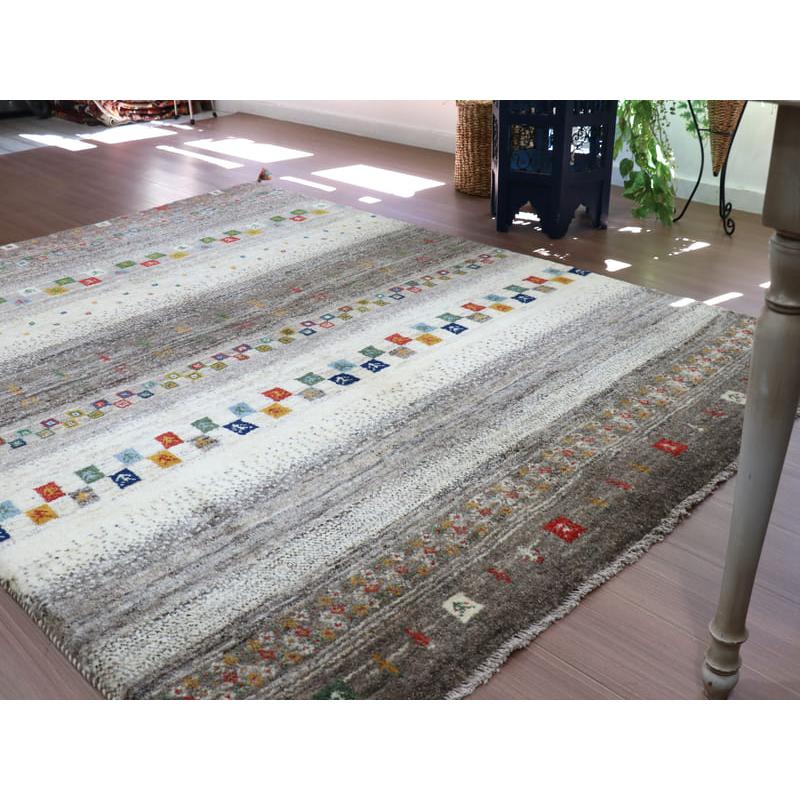 ギャッベ　イラン製　カシュガイ族手織り 224x158cm ナチュラルアイボリー　グレー　ストライプ | ブランド登録なし | 10