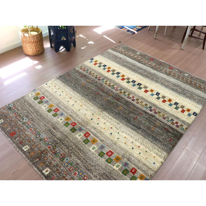 ギャッベ　イラン製　カシュガイ族手織り 224x158cm ナチュラルアイボリー　グレー　ストライプ | ブランド登録なし | 04