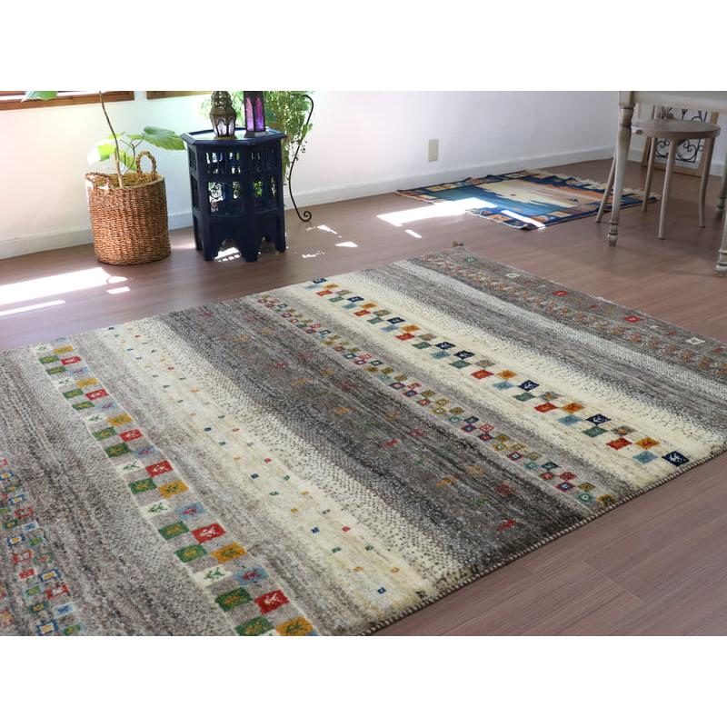 ギャッベ　イラン製　カシュガイ族手織り 224x158cm ナチュラルアイボリー　グレー　ストライプ | ブランド登録なし | 05