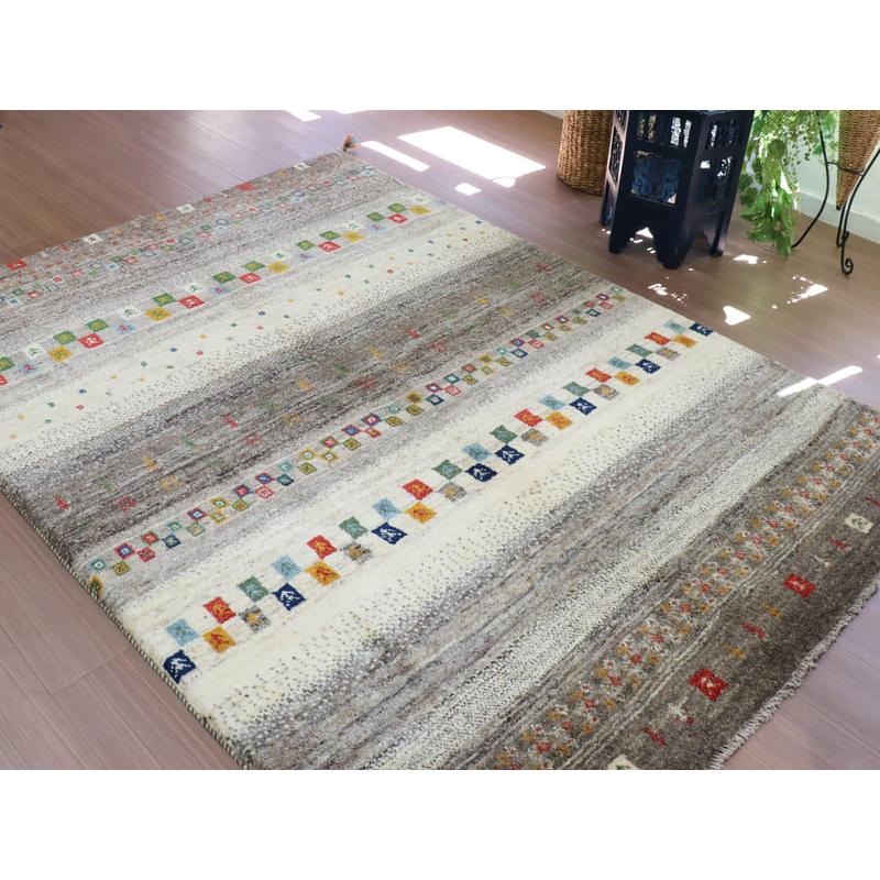 ギャッベ　イラン製　カシュガイ族手織り 224x158cm ナチュラルアイボリー　グレー　ストライプ | ブランド登録なし | 09