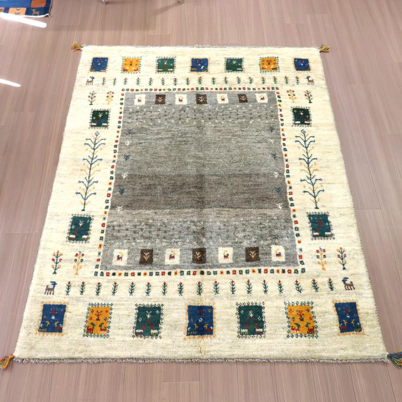 ギャッベ　イラン製　カシュガイ族手織り 198x155cm グレー　アイボリー　タイルモチーフ | ブランド登録なし