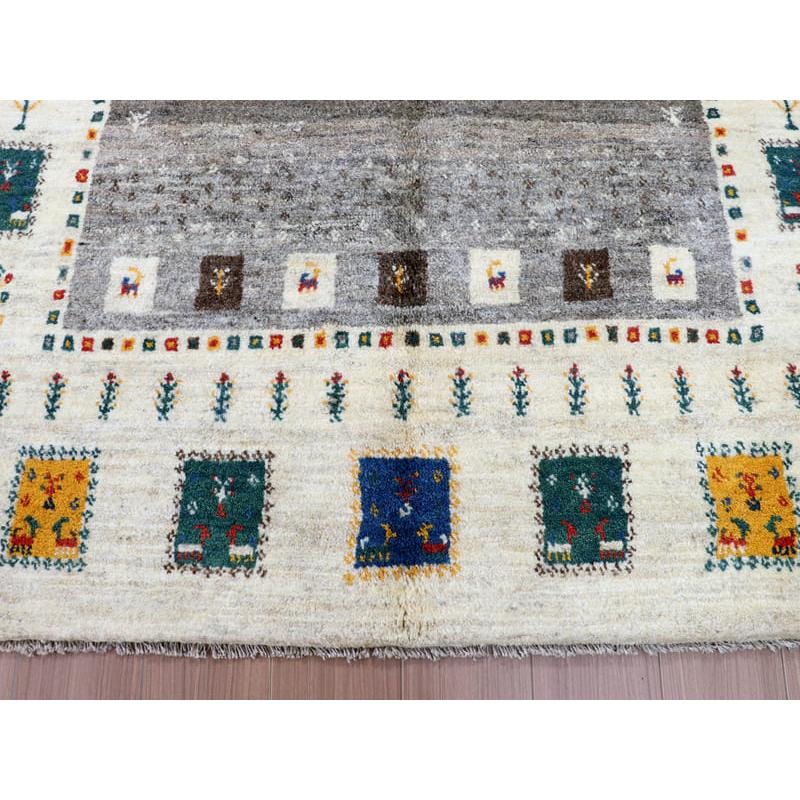 ギャッベ　イラン製　カシュガイ族手織り 198x155cm グレー　アイボリー　タイルモチーフ | ブランド登録なし | 03