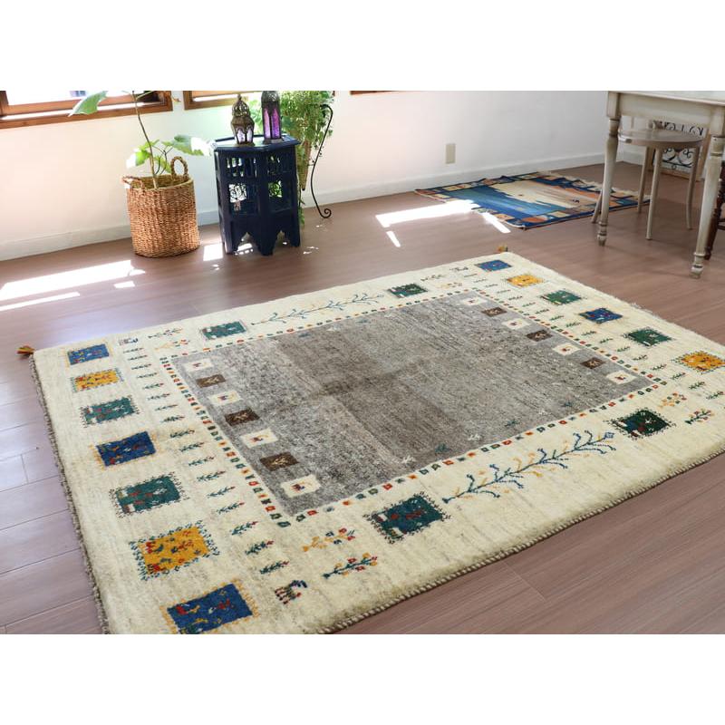 ギャッベ　イラン製　カシュガイ族手織り 198x155cm グレー　アイボリー　タイルモチーフ | ブランド登録なし | 04