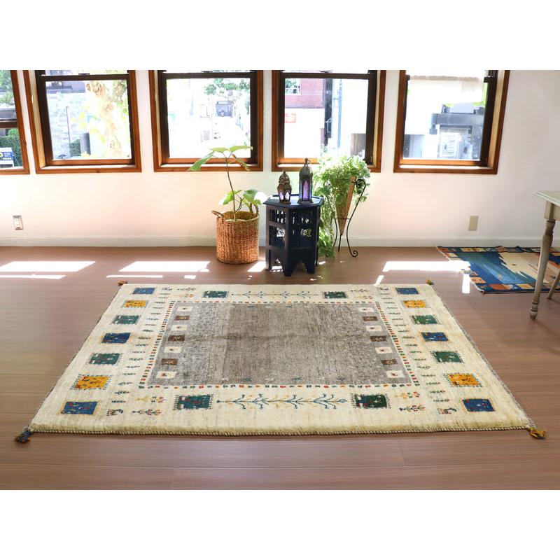 ギャッベ　イラン製　カシュガイ族手織り 198x155cm グレー　アイボリー　タイルモチーフ | ブランド登録なし | 05