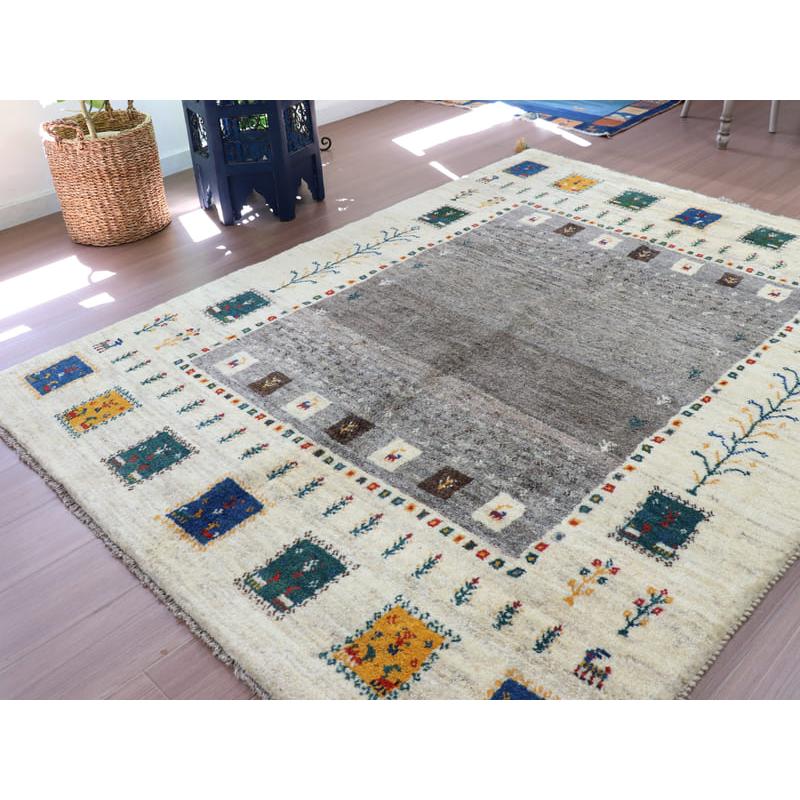 ギャッベ　イラン製　カシュガイ族手織り 198x155cm グレー　アイボリー　タイルモチーフ | ブランド登録なし | 06