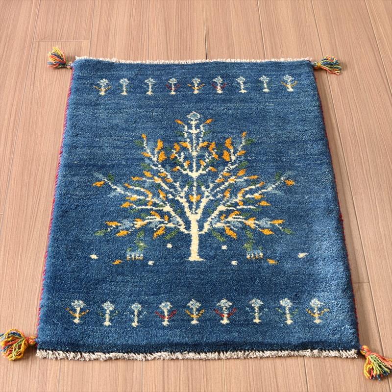 ギャッベ イラン産 玄関マットサイズ  84×61cm ブルー 生命の木と動物 | ブランド登録なし