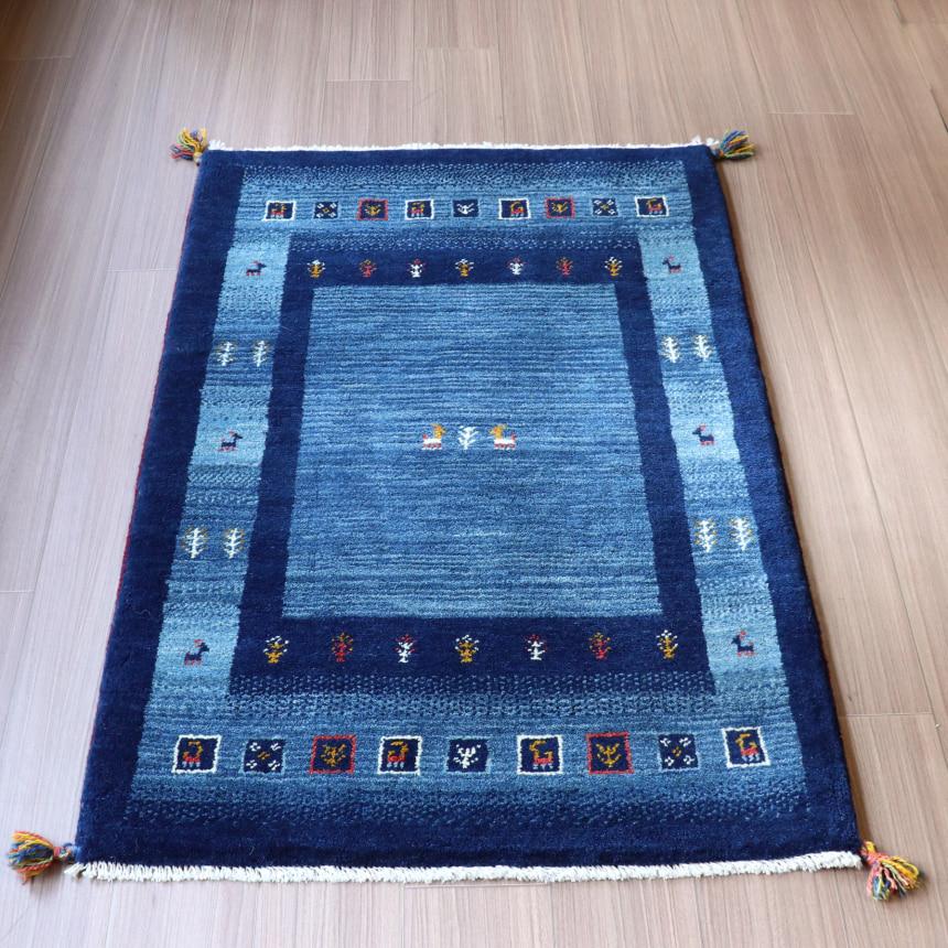 ギャッベ イラン産手織り 130x84cm ブルー　ネイビー　ボーダーとタイル | ブランド登録なし