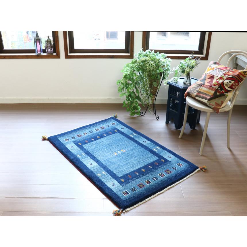 ギャッベ イラン産手織り 130x84cm ブルー　ネイビー　ボーダーとタイル | ブランド登録なし | 01