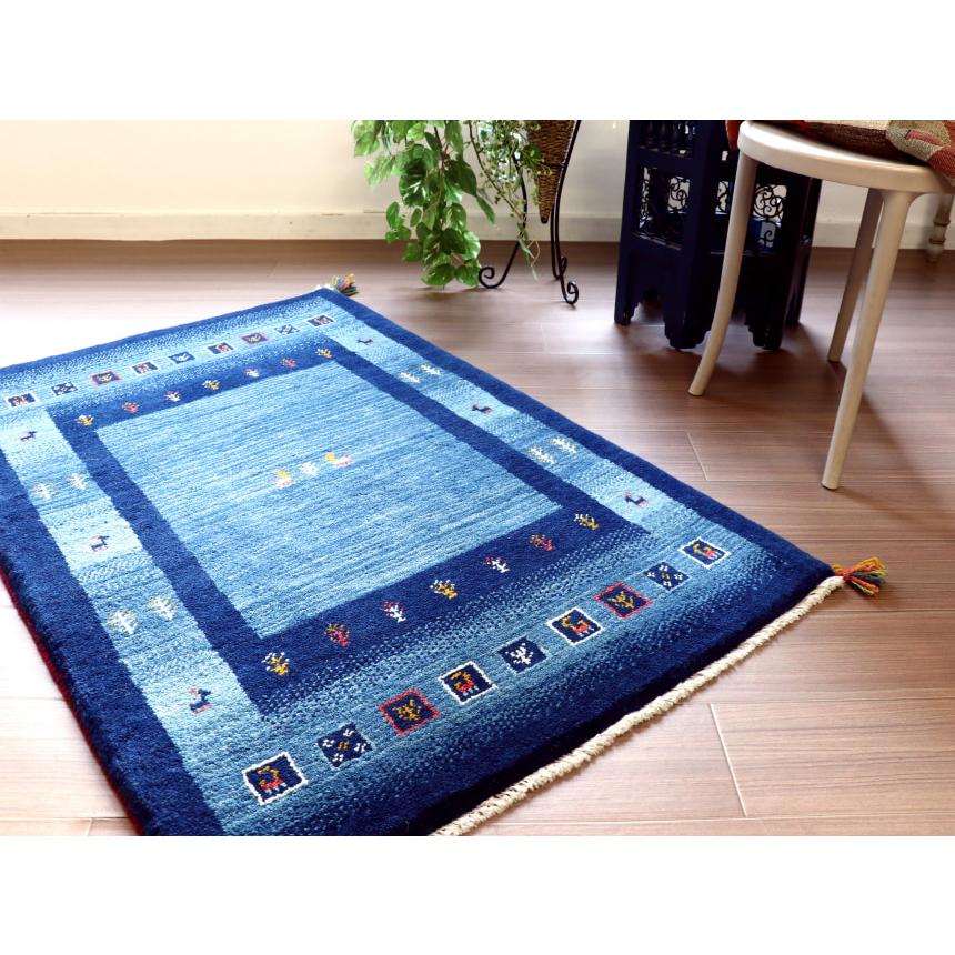 ギャッベ イラン産手織り 130x84cm ブルー　ネイビー　ボーダーとタイル | ブランド登録なし | 03