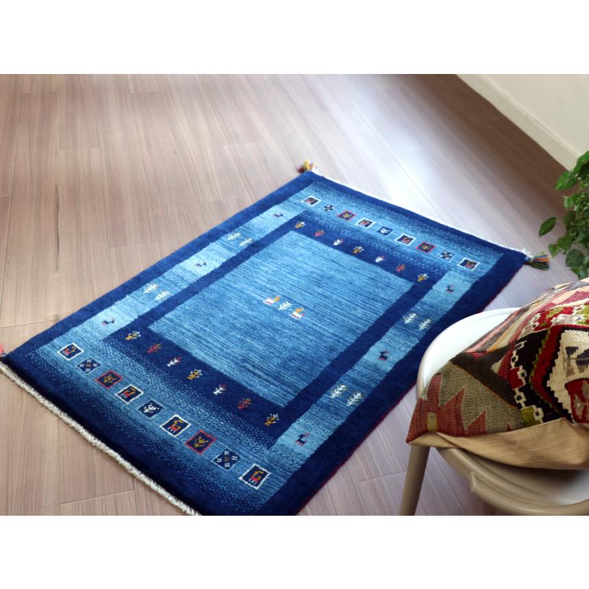 ギャッベ イラン産手織り 130x84cm ブルー　ネイビー　ボーダーとタイル | ブランド登録なし | 04