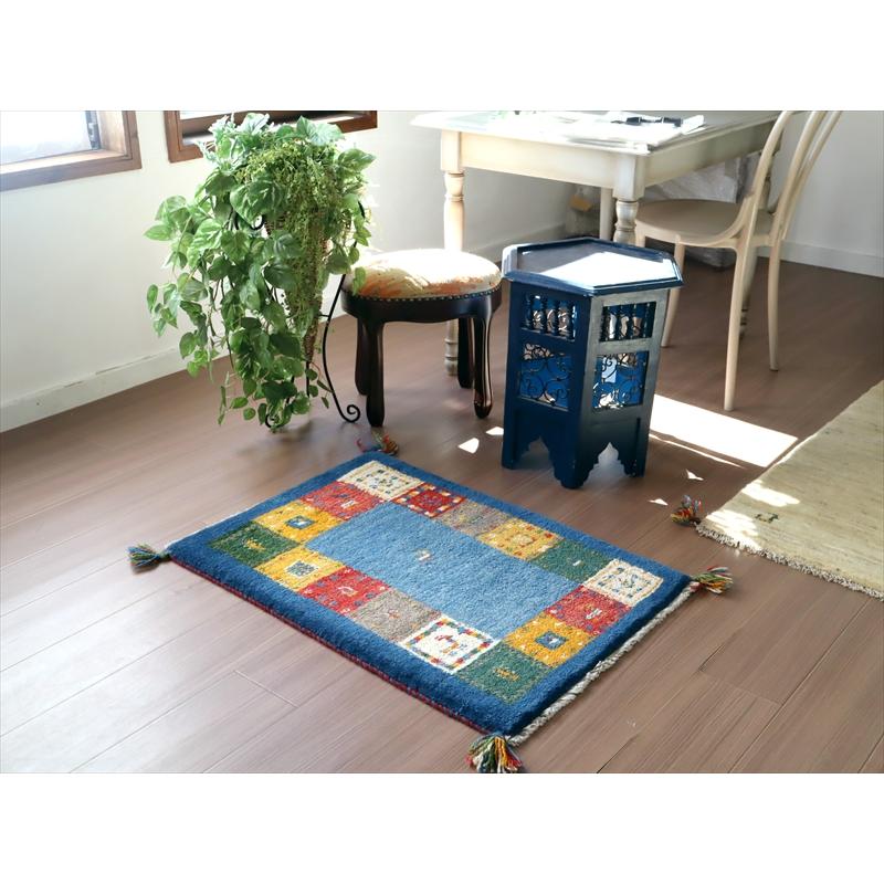 ギャッベ　手織りラグ イラン産 87x62cm 玄関サイズ　ブルー　カラフルタイル | ブランド登録なし | 01