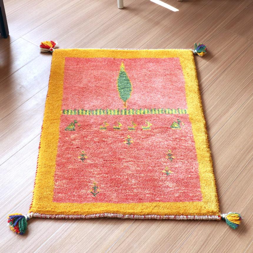 ギャッベ　イラン 手織り  80x56cm 玄関マットサイズ　明るいレッド　生命の木　 | ブランド登録なし