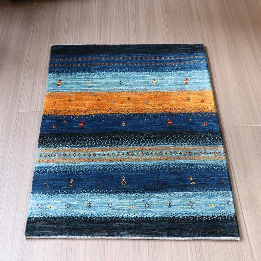 ギャッベ　ロリアタシュ　最高級の細かな織り 96x65cm ブルー系　ストライプボーダー | ブランド登録なし