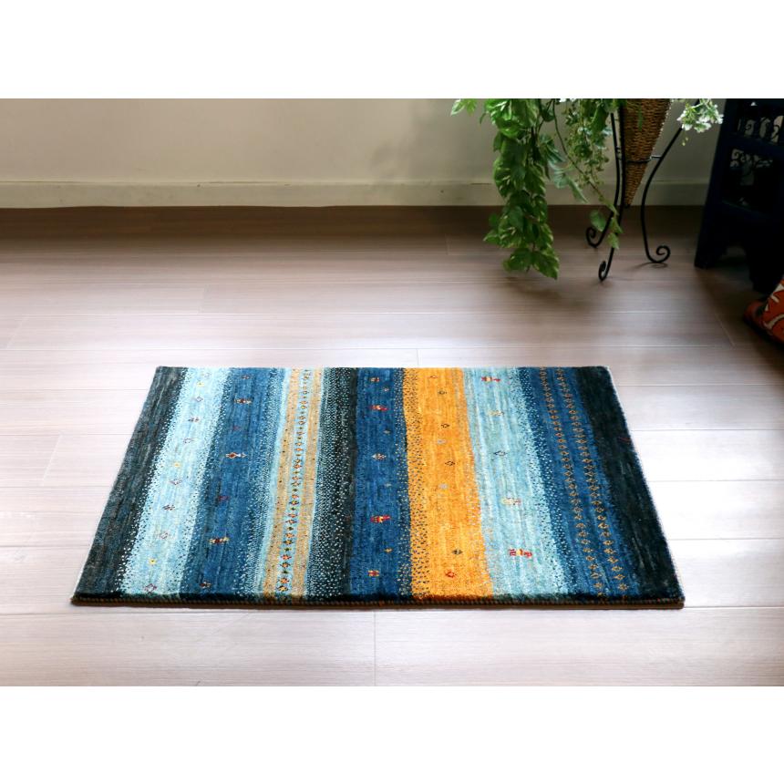 ギャッベ　ロリアタシュ　最高級の細かな織り 96x65cm ブルー系　ストライプボーダー | ブランド登録なし | 02