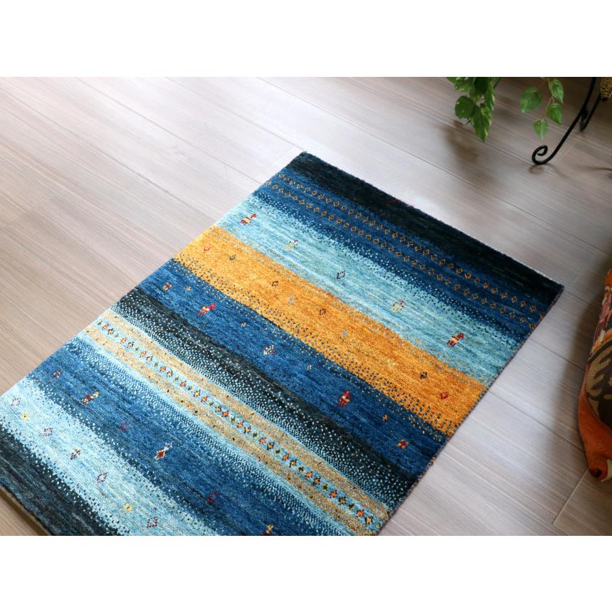 ギャッベ　ロリアタシュ　最高級の細かな織り 96x65cm ブルー系　ストライプボーダー | ブランド登録なし | 03