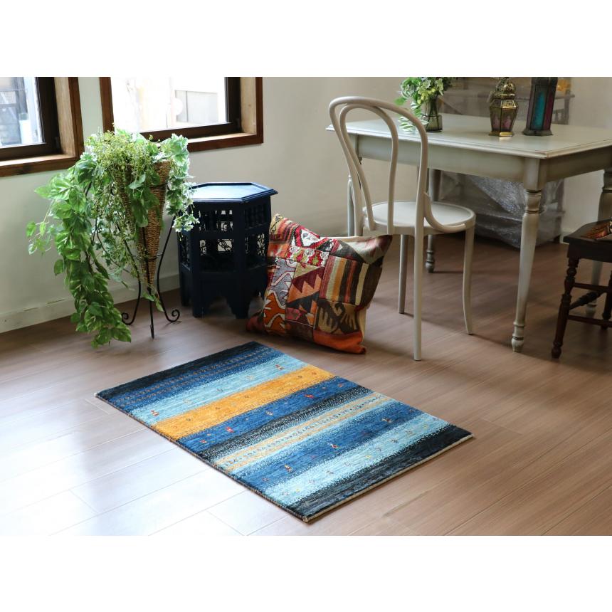 ギャッベ　ロリアタシュ　最高級の細かな織り 96x65cm ブルー系　ストライプボーダー | ブランド登録なし | 04