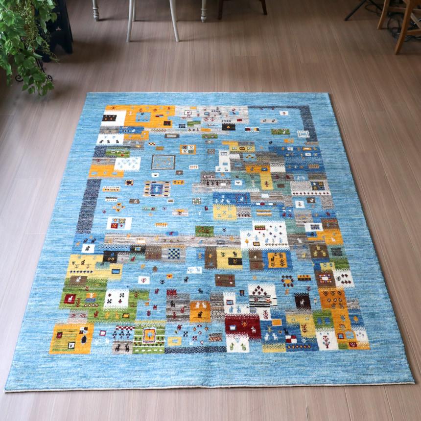 Gabbeh Nowbaft ノウバフト/ギャッベ 200x151cm 明るい水色　ランダムなモザイクデザイン | ブランド登録なし