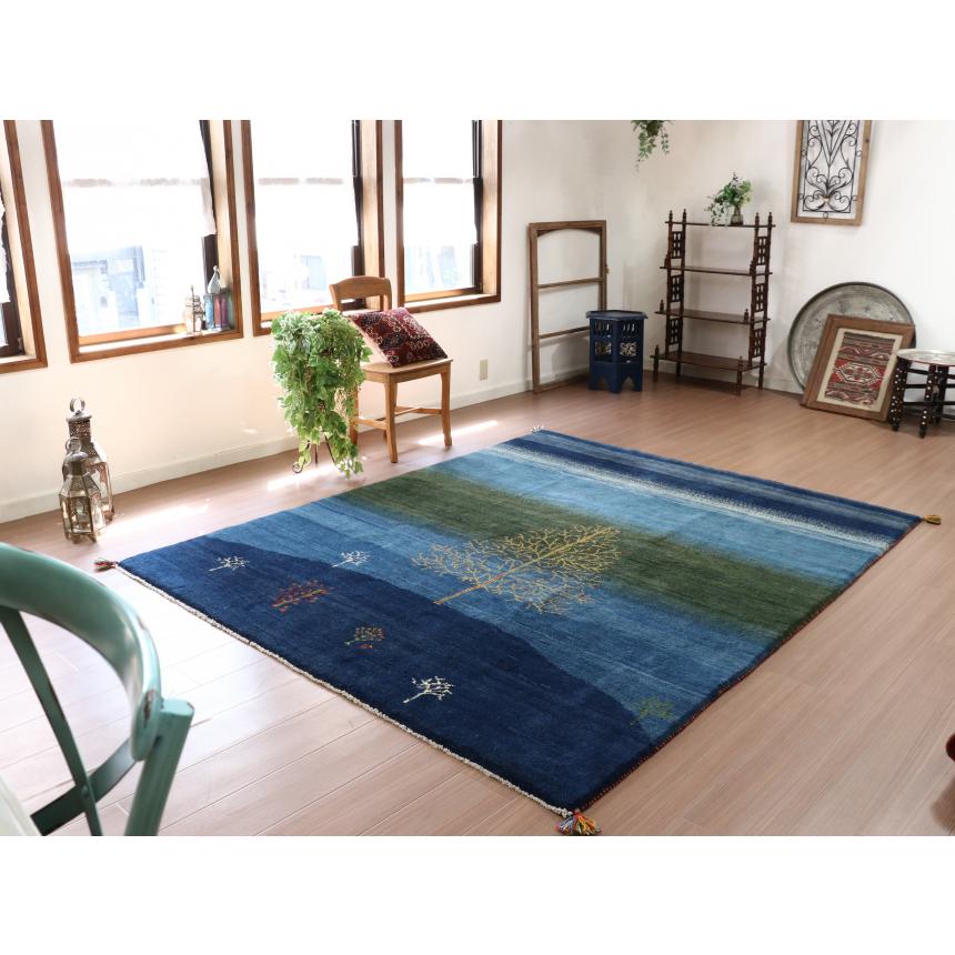 ギャッベ イラン産 手織り 240x197cm ブルー ネイビー 丘の上