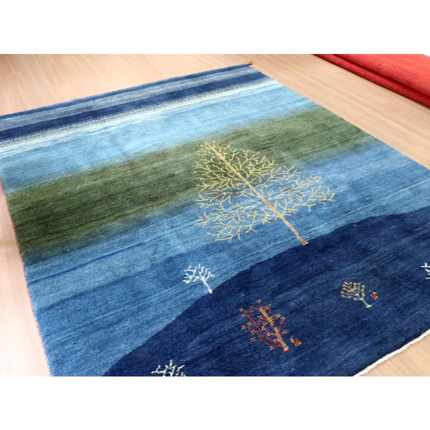 ギャッベ イラン産 手織り 240x197cm ブルー ネイビー 丘の上