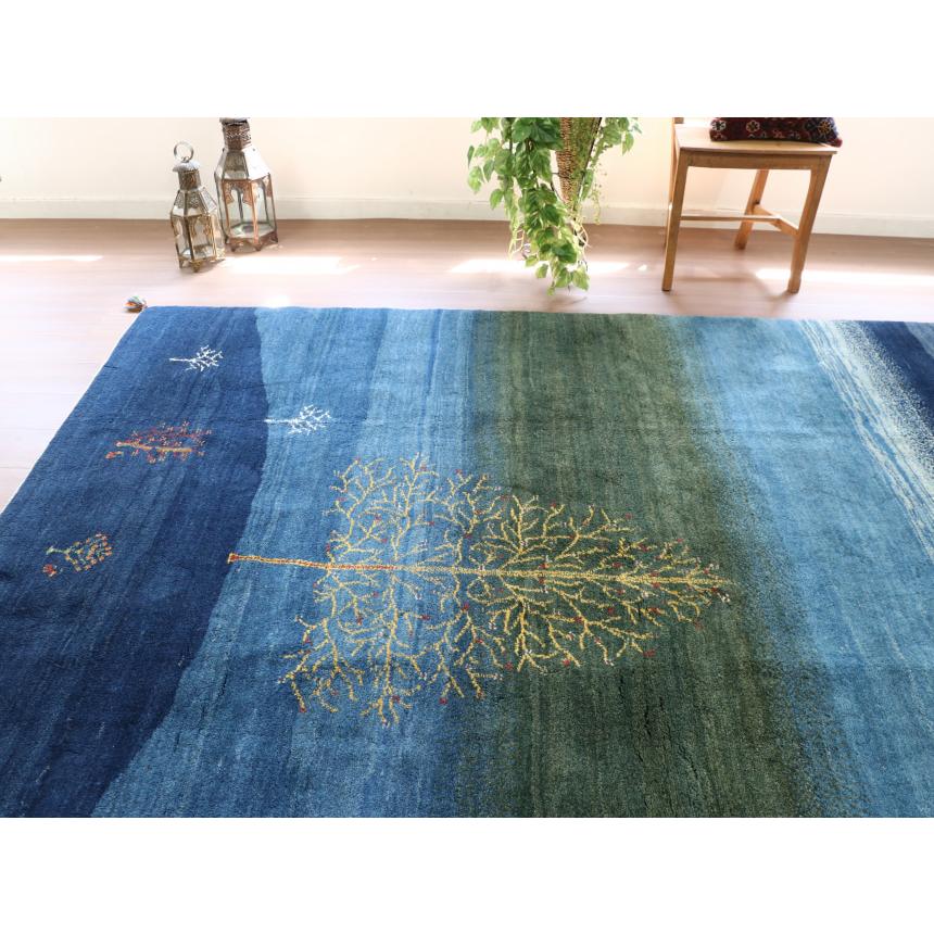 ギャッベ イラン産 手織り 240x197cm ブルー ネイビー 丘の上