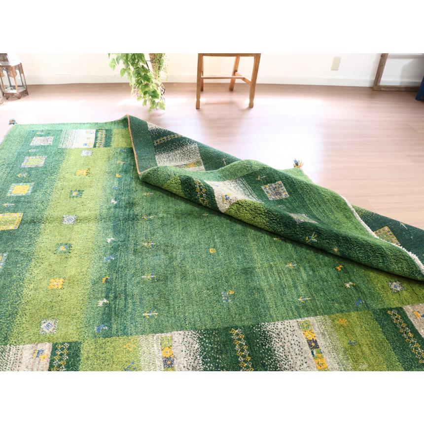 ギャッベ イラン産 手織り 240x198cm グリーン ベージュグラデーション