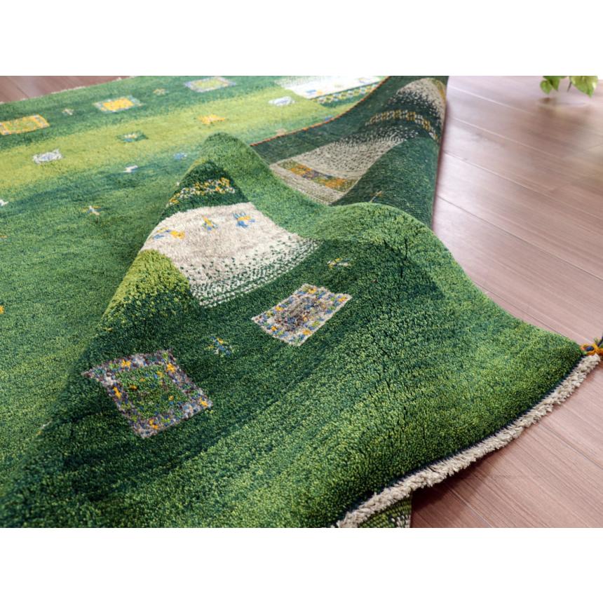 ギャッベ イラン産 手織り 240x198cm グリーン ベージュグラデーション