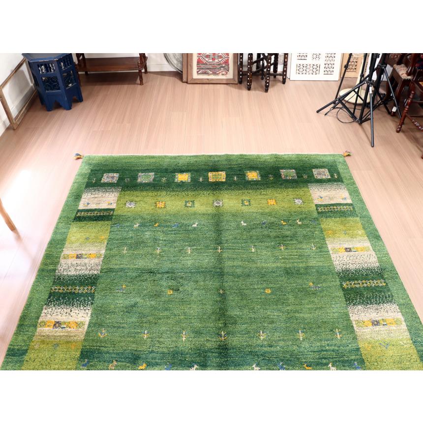 ギャッベ イラン産 手織り 240x198cm グリーン ベージュグラデーション