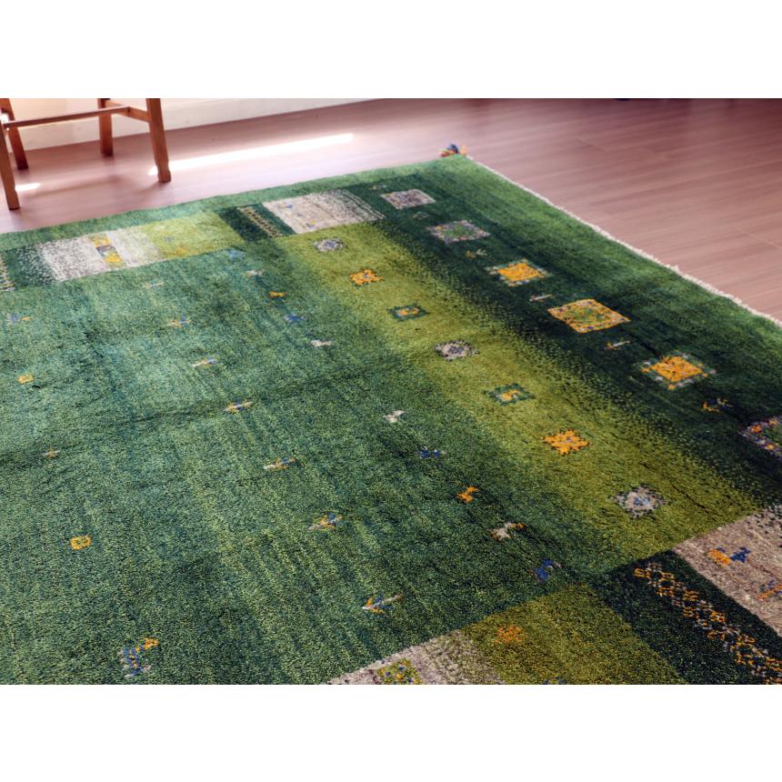 ギャッベ イラン産 手織り 240x198cm グリーン　ベージュグラデーションのボーダー | ブランド登録なし | 04