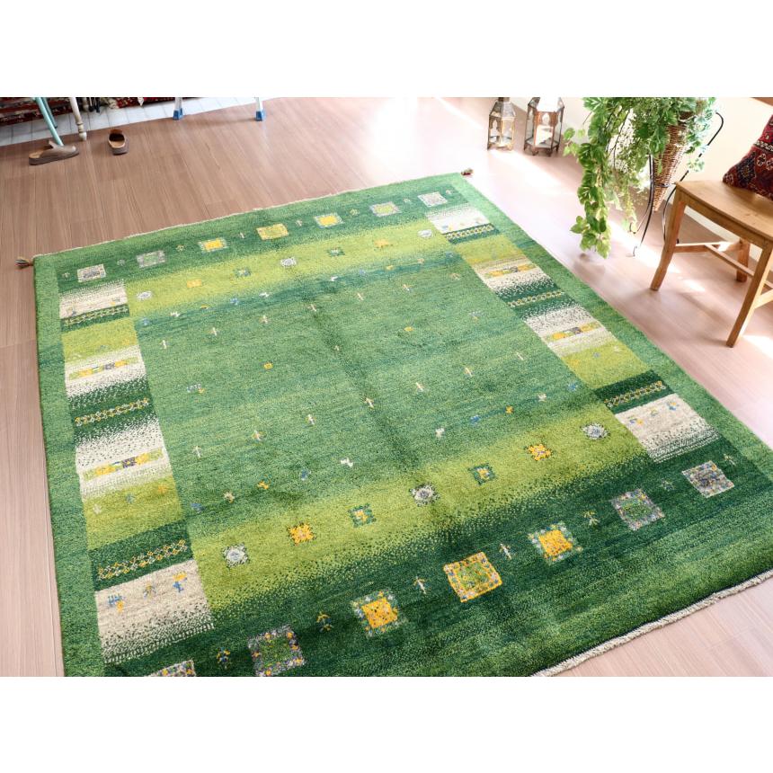 ギャッベ イラン産 手織り 240x198cm グリーン ベージュグラデーション