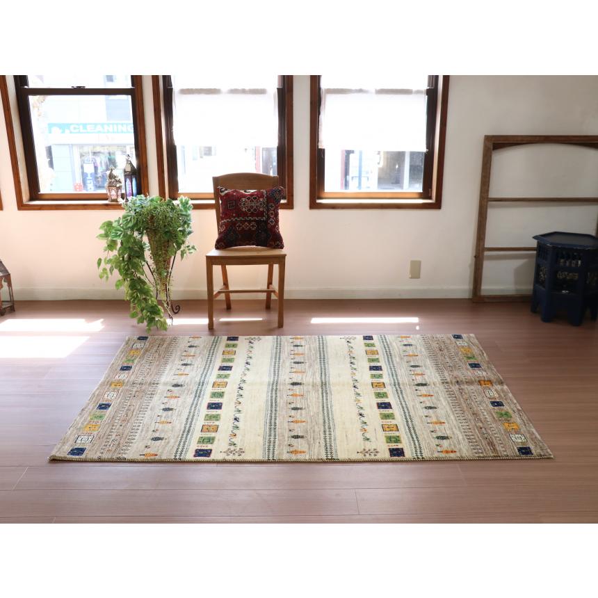 ギャッベ 細かな織り リズバフト 194x127cm ナチュラルグレー　イエローとブルーのタイル イラン産 手織り | ブランド登録なし | 11