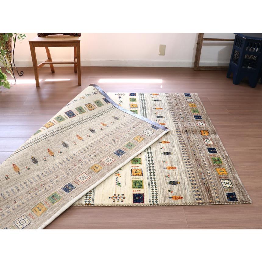 ギャッベ 細かな織り リズバフト 194x127cm ナチュラルグレー　イエローとブルーのタイル イラン産 手織り | ブランド登録なし | 12