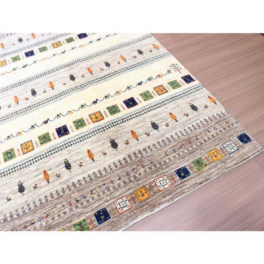 ギャッベ 細かな織り リズバフト 194x127cm ナチュラルグレー　イエローとブルーのタイル イラン産 手織り | ブランド登録なし | 05