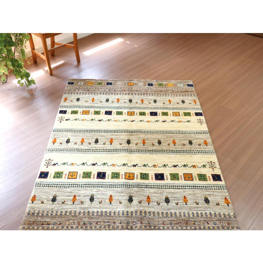 ギャッベ 細かな織り リズバフト 194x127cm ナチュラルグレー　イエローとブルーのタイル イラン産 手織り | ブランド登録なし | 07