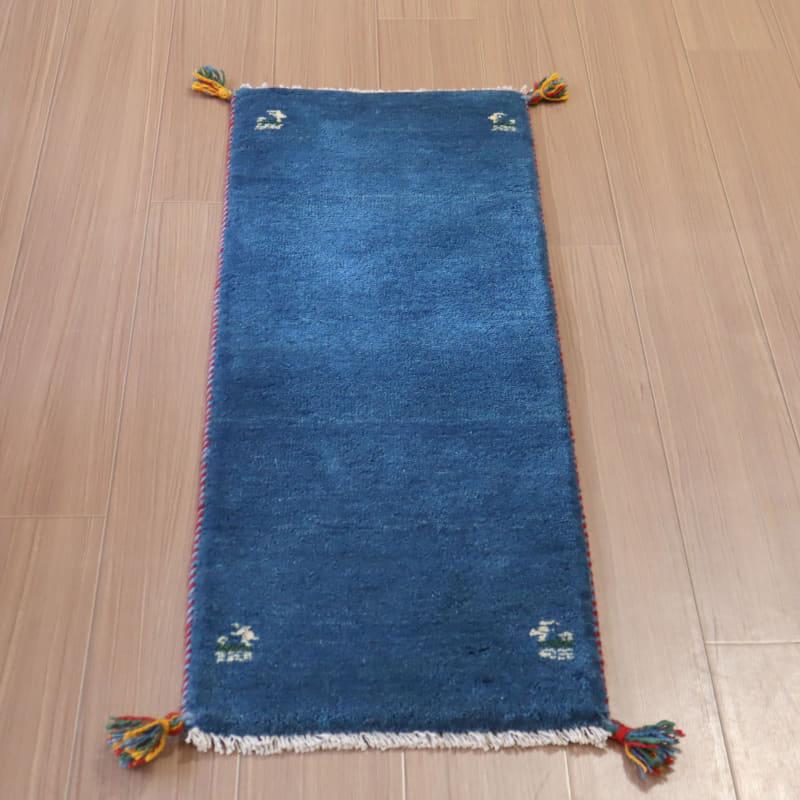 ギャッベ イラン産 手織り 120x43cm ブルー　シンプル　無地 | 