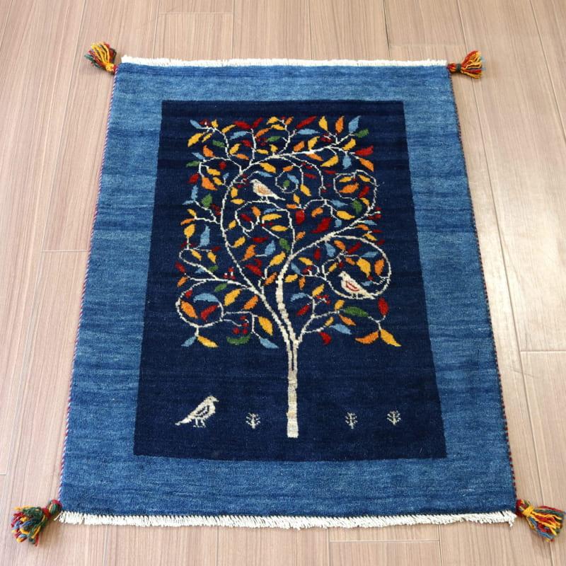 ギャッベ 細かな織り リズバフト 90x65cm ネイビーブルー　鳥が宿る生命の木 | ブランド登録なし