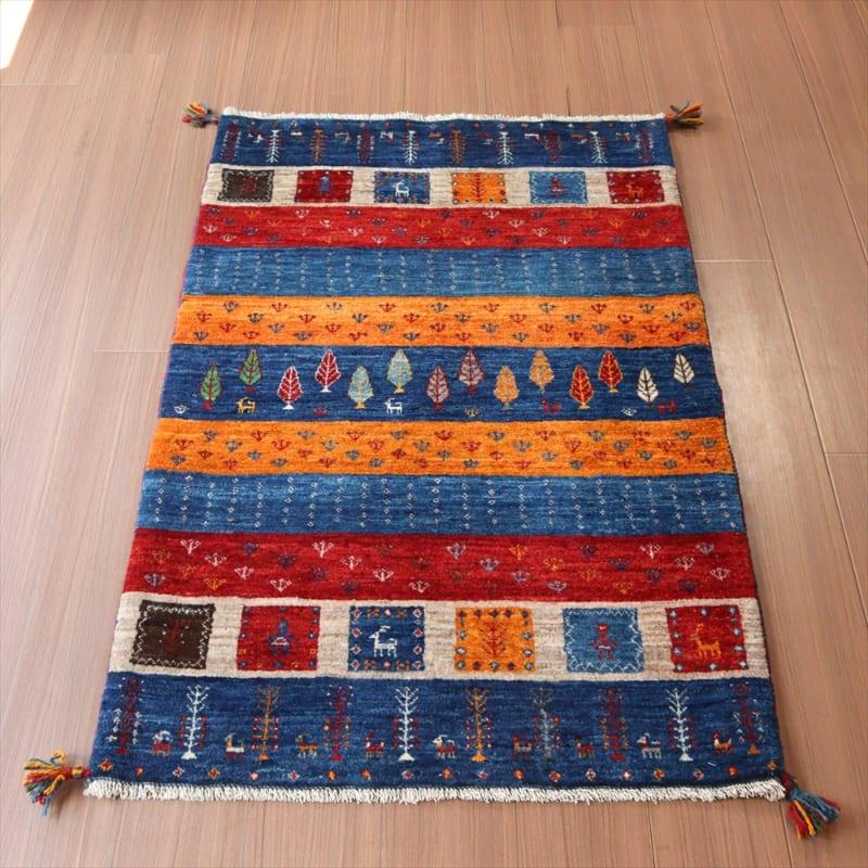 ギャッベ イラン産 手織り 127x80cm 鮮やかな色合いのボーダーデザイン | ブランド登録なし