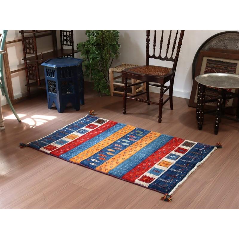 ギャッベ イラン産 手織り 127x80cm 鮮やかな色合いのボーダーデザイン | ブランド登録なし | 01