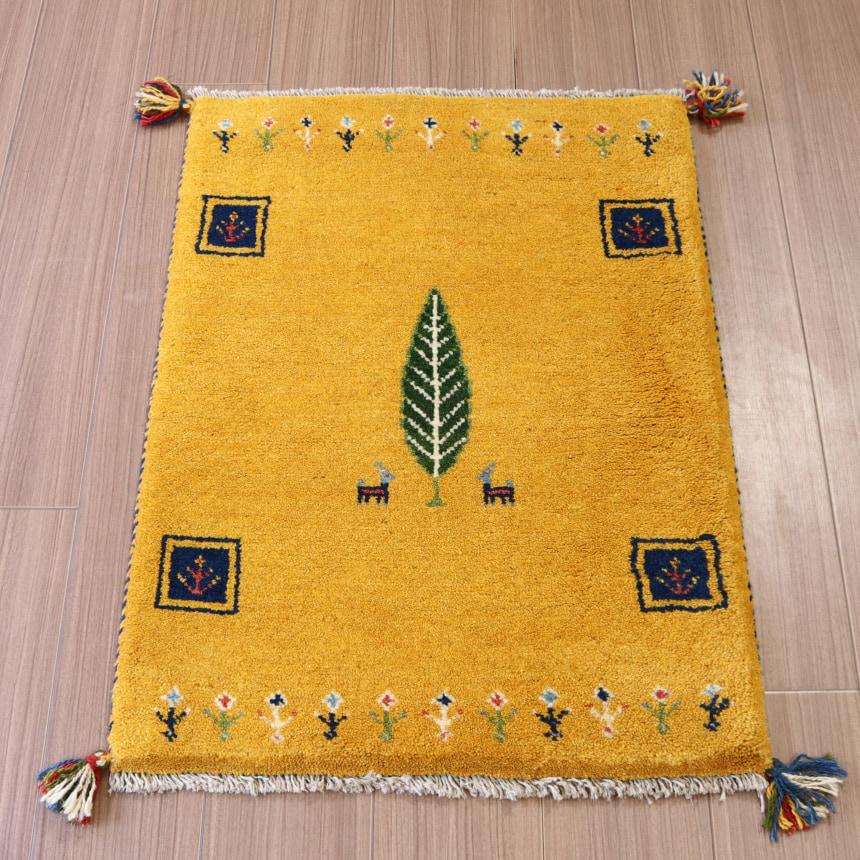 ギャッベ 手織り イラン産 86x62cm イエロー　玄関マット　黄色　生命の木 | ブランド登録なし
